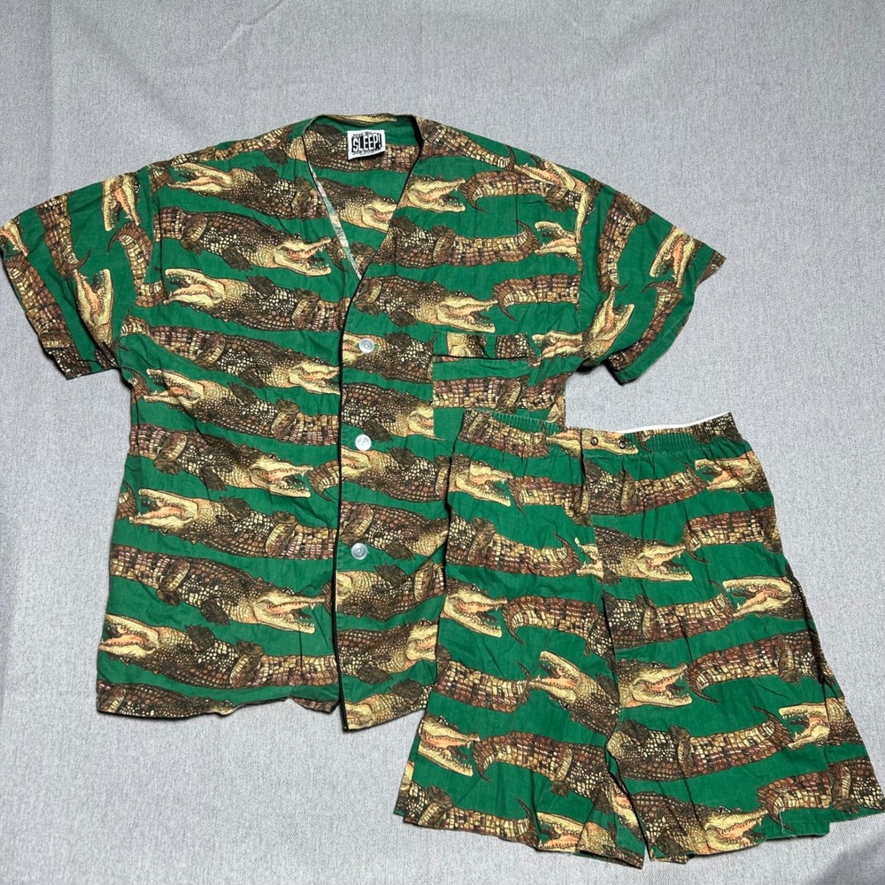 Joe Boxer Mens Vintage Pajama Set Large Green Crocodile All Over Print Cotton